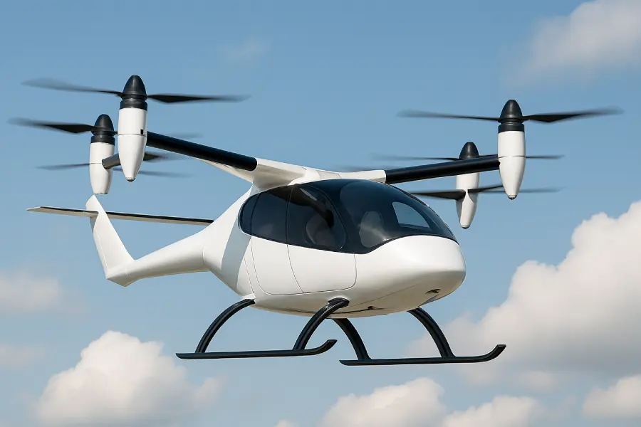 هواگرد eVTOL مدرن در حال پرواز در آسمان نیمهابری-رویداد صنعت هوایی